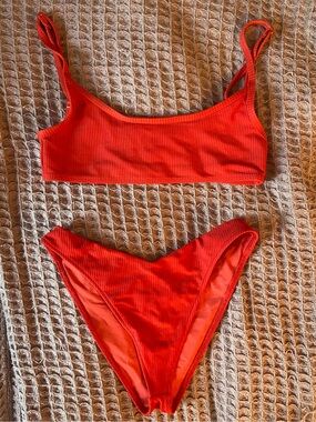 Frankie's Bikinis Red-Orange Ribbed Two-Piece Swim Set